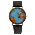 Vintage bronze watch with world map dial, aircraft hands and black leather strap - Black