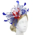 Detailed close-up of mesh fascinator with red, white, and blue feathers and pearls - Flag Colors (Red/Blue/White)