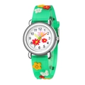 Detailed view of kids quartz watch with green 3D embossed floral silicone strap - Green