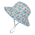 Detail of floral kids sun hat with wide brim, daisy print and adjustable chin strap - Blue Flower
