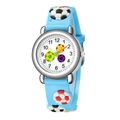 Detailed view of kids sports watch featuring 3D soccer relief on blue silicone strap - Sky Blue