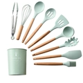 9-piece mint green silicone kitchen utensil set with wood handles and storage bucket - Utensil Set with Bucket