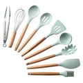 9-piece light green silicone kitchen utensil set with natural wooden handles on white background - Kitchenware Set