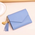 Light blue tri-fold wallet with lychee pattern faux leather and golden heart tassel - Short Style / Blue