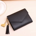 Black pebbled leather trifold wallet with gold heart charm and tassel detail - Short Style / Black