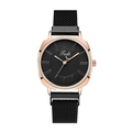 Close-up of Tadi rose gold watch with black Milanese mesh strap and dark dial face - Black