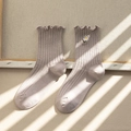 Women's knit mid-calf socks in Morandi grey-purple with daisy embroidery and ruffle trim - One Size / Khaki