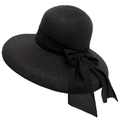 Elegant black straw sun hat for women with large brim and matching ribbon bow decoration - Adjustable / Black