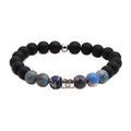 Detail of 8mm matte black and emperor stone beads on a minimalist zodiac bracelet - Leo