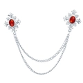 Silver cross collar pin brooch with oval red gemstone and double hanging tassels - Silver Base Red Rhinestone