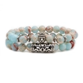 Blue natural stone beaded bracelet set featuring a silver lion head and engraved tube - Crown Lion Set