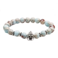 Detail of beaded bracelet featuring natural stone beads and silver Spartan helmet charm - Helmet