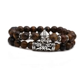 Tiger eye stone beaded bracelet set featuring a vintage silver spartan helmet and owl bead - Helmet Set