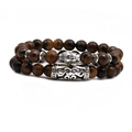 Tiger eye stone bead bracelet set with silver Buddha head and textured metal tube charms - Long Buddha Head Set