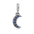 Silver crescent moon pendant crafted in titanium steel with five blue round gemstones - T22-Moon
