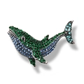 Vintage silver whale brooch with green crystals and blue rhinestones on white background - Whale Rhinestone Brooch / Green