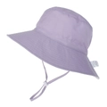 Detail of purple polyester sun hat showing adjustable wind rope and UPF 50 label - Light Purple