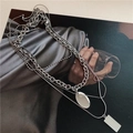 Detail of layered silver stainless steel necklace with snake chain and geometric tags - Silver (3054)