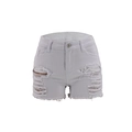 Dettaglio degli shorts in denim bianco a vita alta con effetto strappato e orli sfrangiati - S / Bianco