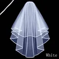 Short double-layer bridal wedding veil with elegant white ribbon edge on black background - 80cm / White