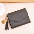 Short tri-fold olive gray wallet for women featuring heart charm and leather tassel - Short / Green