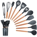 11-piece grey silicone kitchen utensil set with wood handles and storage bucket - Kitchen Utensil Set (With Storage Bucket)