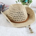 Handwoven straw western cowboy hat in khaki with leather band and adjustable chin strap - Adult(57cm) / Beige