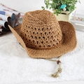 Brown hollow weave straw cowboy hat with wide brim and adjustable wooden bead chin strap - Kids(52cm) / Light Coffee