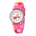 Close-up of kids' cartoon quartz watch with 3D embossed colorful floral strap - Rose Red