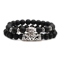 Matte black onyx beaded bracelet set with silver Buddha head and textured tube spacer - Long Buddha Combination