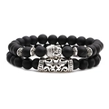 Matte black agate beaded bracelets set with silver Buddha head and textured spacer beads - Buddha Combination