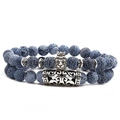 Detail of blue natural stone beads with silver lion crown and hollow curved tube - Crown Lion Set