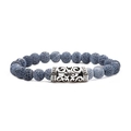 Dark blue weathered stone beaded bracelet with ornate silver hollow decorative charm - Curved Tube