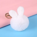 White fluffy plush rabbit bunny keychain with soft fur and golden metal clasp ring - Rabbit Ear / White