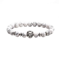 Detailed close-up of white marble stone beads and silver lion head charm on the bracelet - Lion Head
