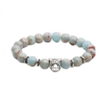 Detailed macro view of natural stone bead bracelet with a silver-toned leopard head charm - Leopard Head