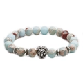 Detail of beaded bracelet with natural stone texture and silver lion head charm - Lion Head