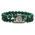 Green malachite beaded bracelet set with silver owl pendant and vintage metal tube - Owl Style