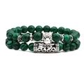 Malachite beaded bracelet set with silver leopard head and vintage metal tube charm - Leopard Head Style