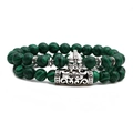 Detail of double-layer malachite beaded bracelet with vintage silver hollowed metal accents - Helmet Style