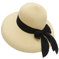 Summer straw sun hat in khaki with wide brim and elegant black ribbon bow decoration - Adjustable / Beige