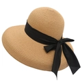Women's straw sun hat in natural brown with a wide black ribbon and elegant bow - Adjustable / Khaki