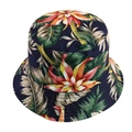 Detail of tropical floral print on a navy blue canvas bucket hat with palm leaf patterns - Adjustable 58cm / Navy Paisley