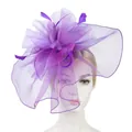 Elegant purple fascinator with feathers and mesh veil for cocktail parties and weddings - Purple