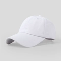 Close-up of white cotton baseball cap showing six-panel stitching and embroidery detail - White
