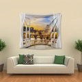 Detail of 3D scenery tapestry showing sunset cityscape view through white window frames - 73X95CM (Brushed Fabric) / Fake Window City-GT103532