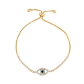 Dettaglio del bracciale regolabile con ciondolo occhio di Allah e cristalli azzurri - Stile D-Occhio del Diavolo Dorato