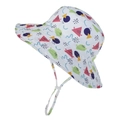 Close-up of white sun hat for kids with colorful geometric prints and windproof cord - Red Triangle Pattern