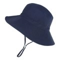 Detail of navy blue kids bucket hat featuring a wide brim and adjustable chin drawstring - Navy Blue