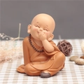 Zen little monk resin figurine wearing dark brown robes and beads for desk decor - 1034-3 Mouth Covering Smile